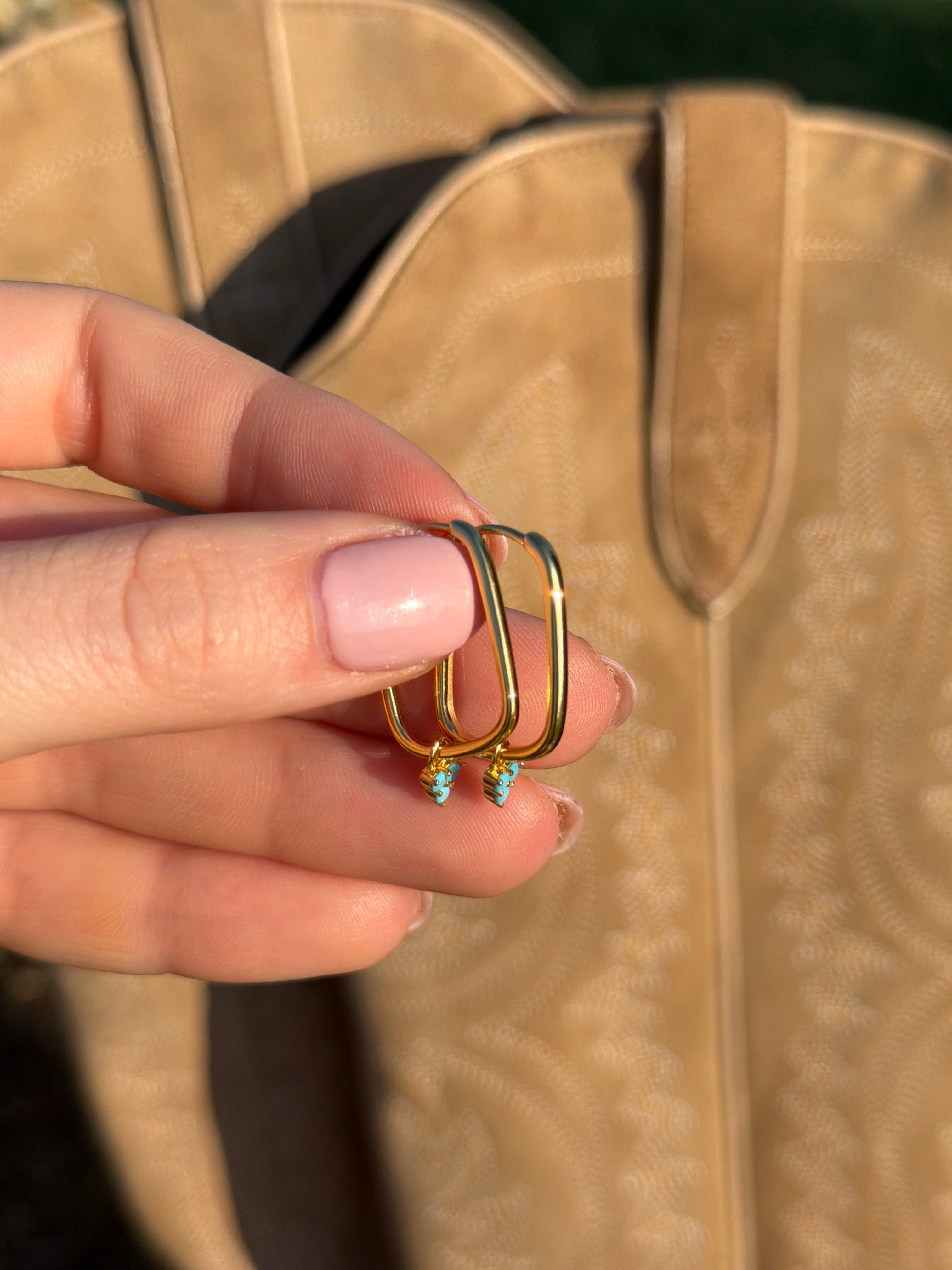 Rectangular Turquoise Hoop Earrings: Gold