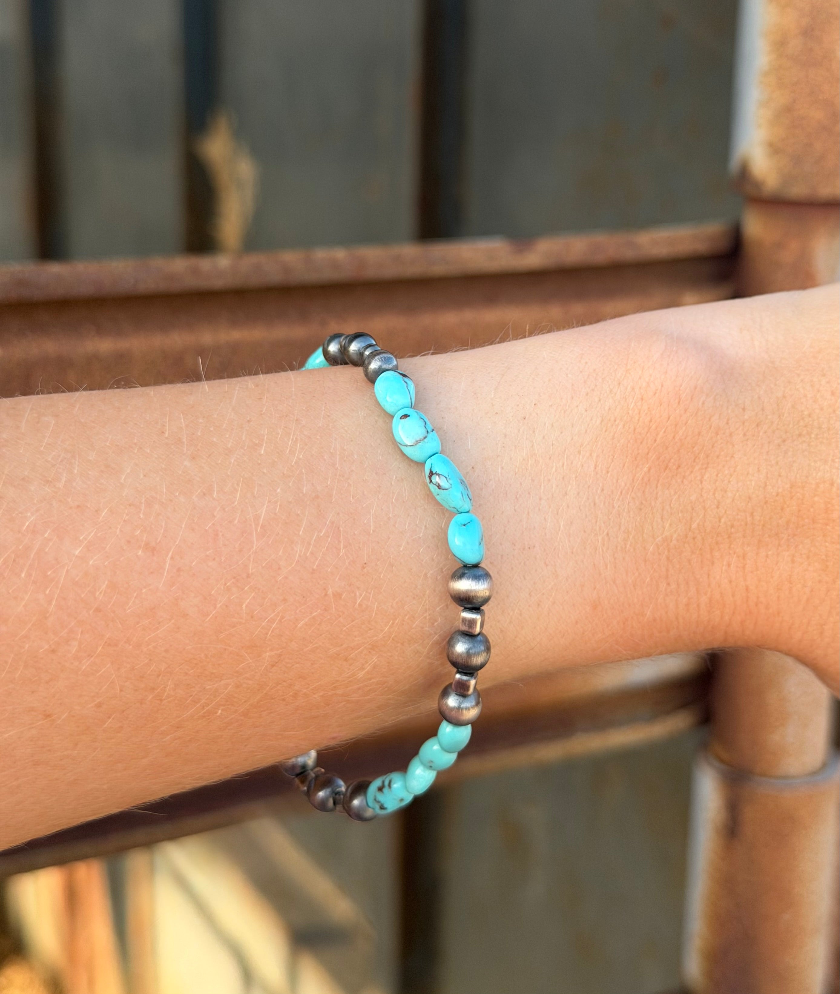 Silver Pearls & Turquoise Stretch Bracelet #1
