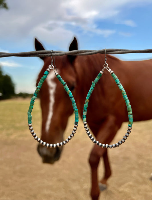 Navajo Pearl Hoop Earrings with Turquoise