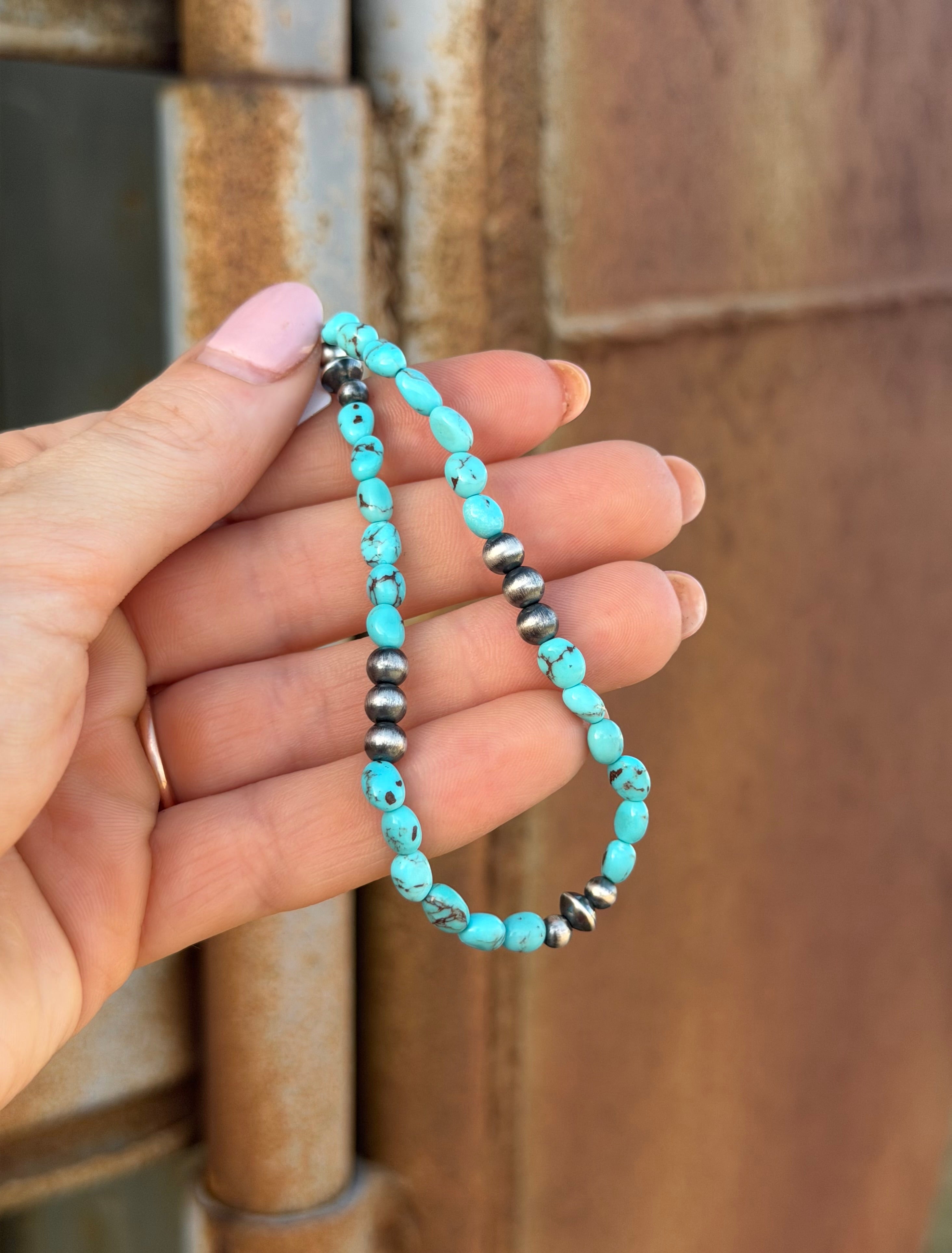 Silver Pearls & Turquoise Stretch Bracelet #2