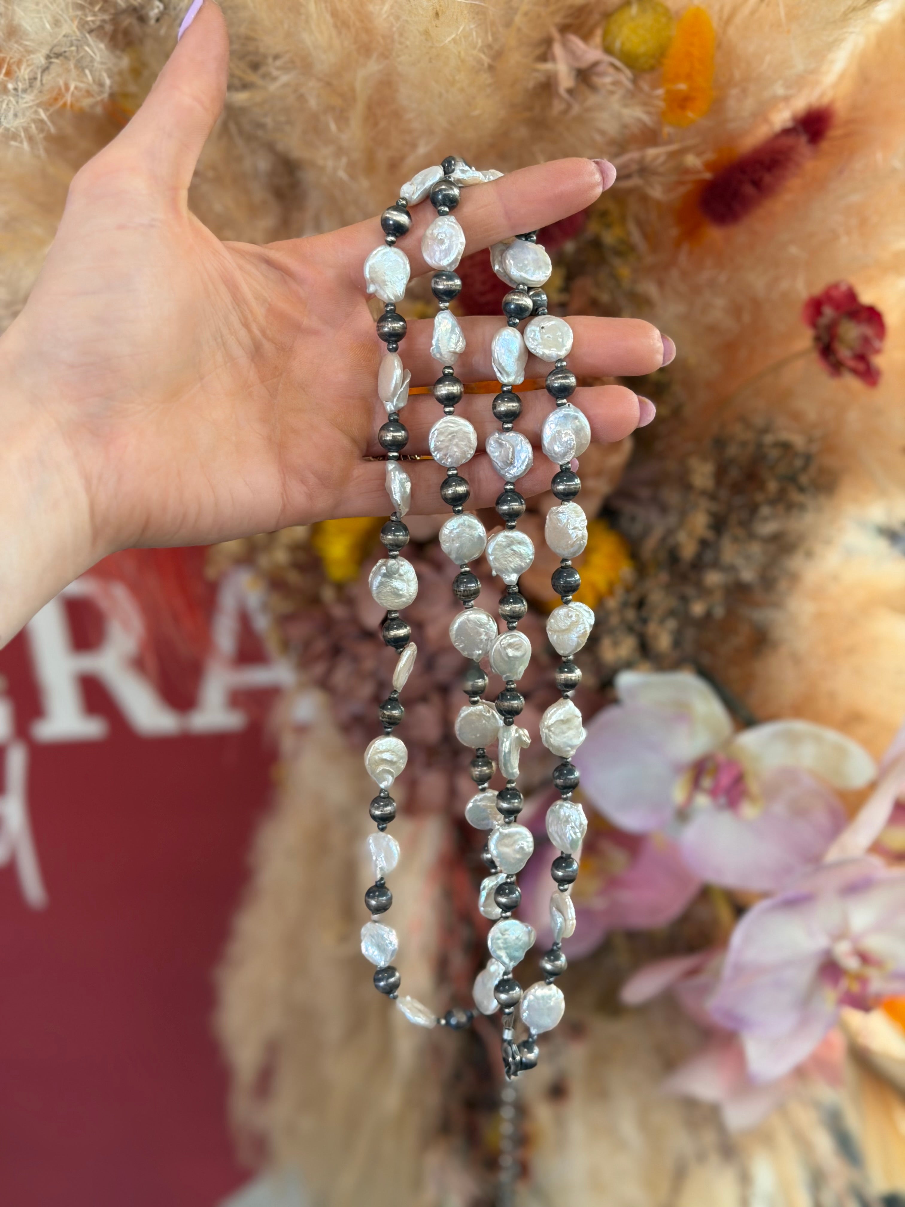 40” Silver Pearl Necklace with Freshwater Pearls