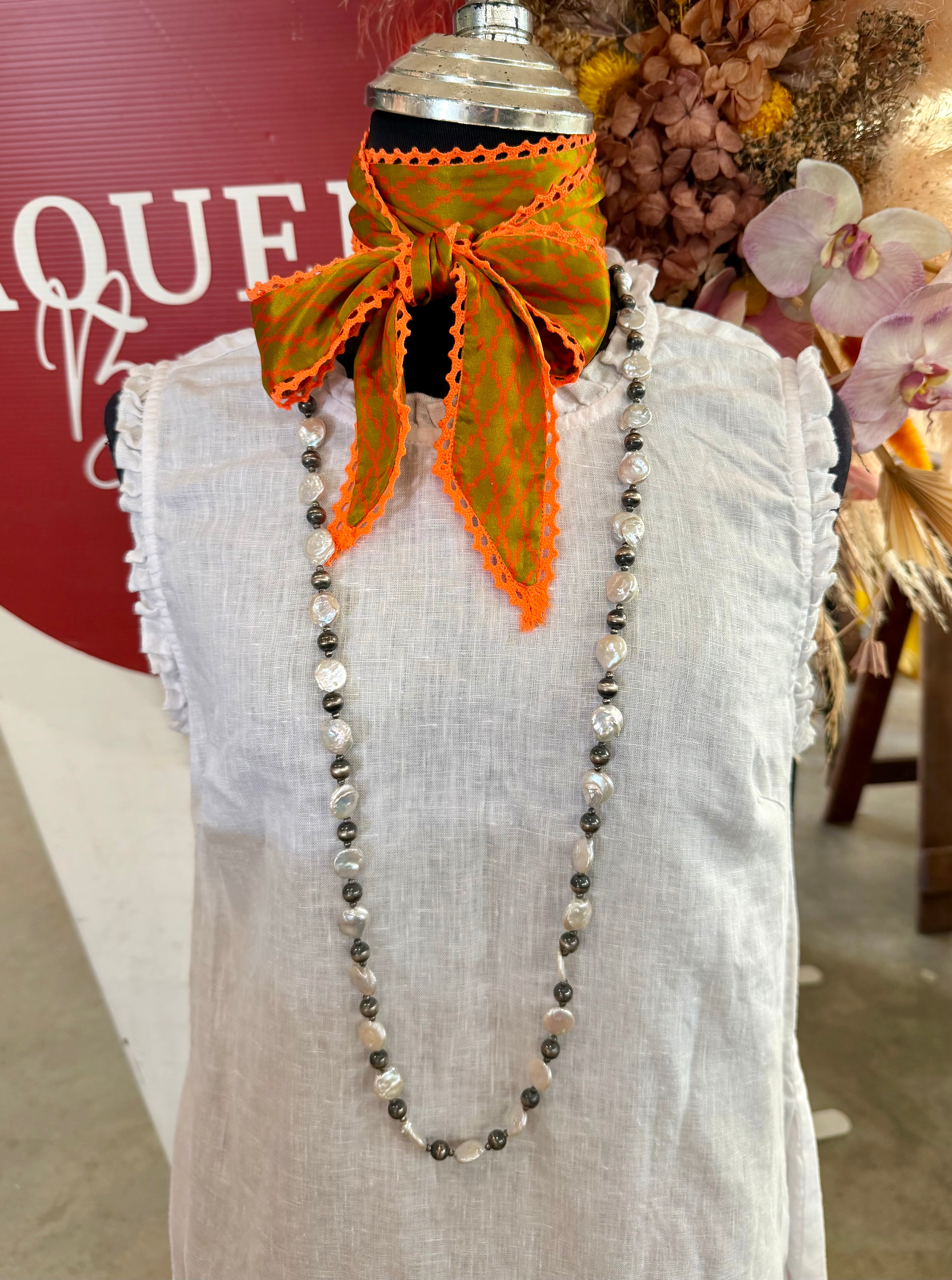 40” Silver Pearl Necklace with Freshwater Pearls