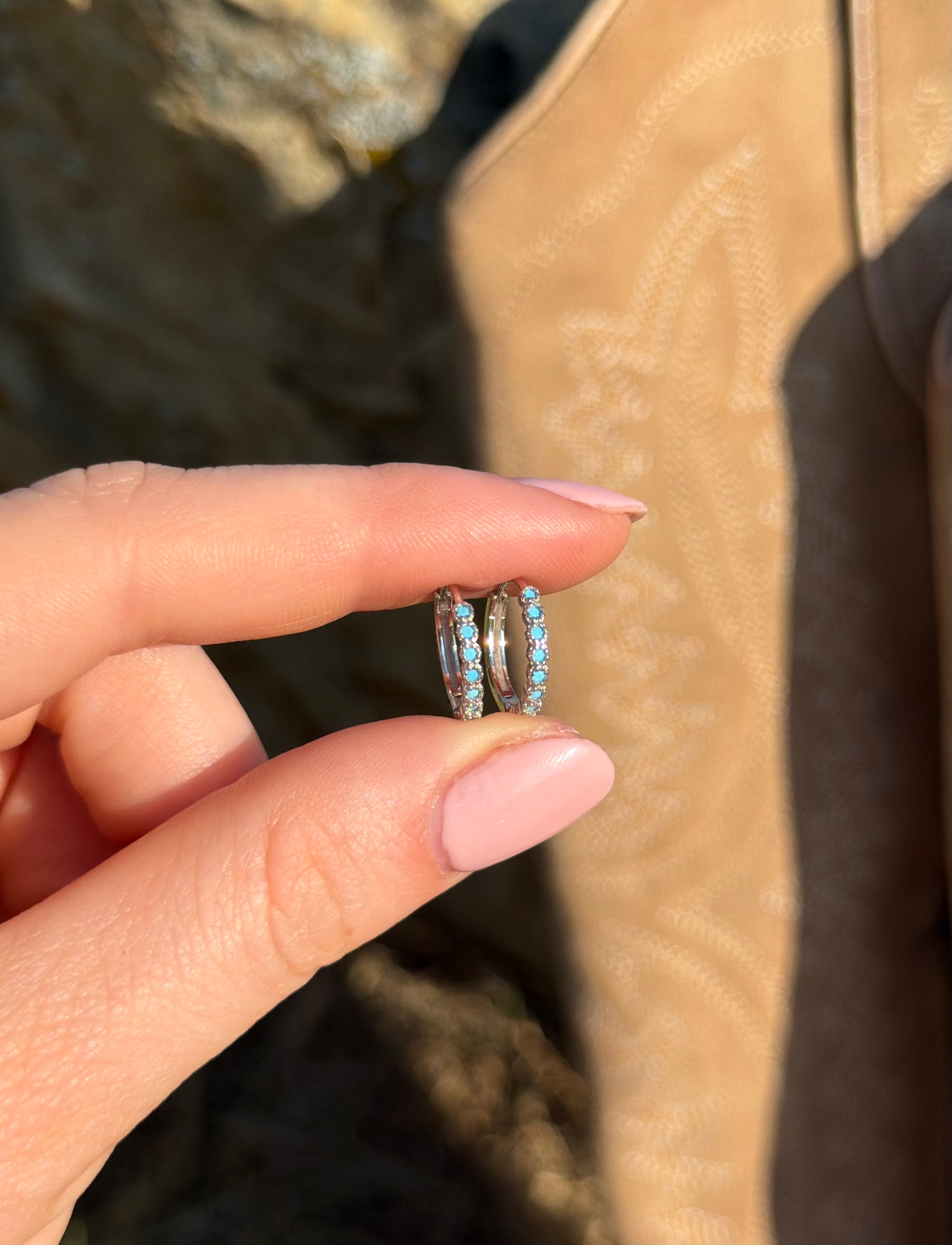 Blue Cubic Zirconia Hoop Earrings: Silver