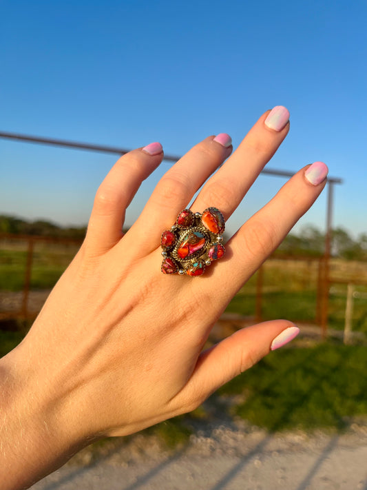 Pink Dahlia Cluster Adjustable Ring