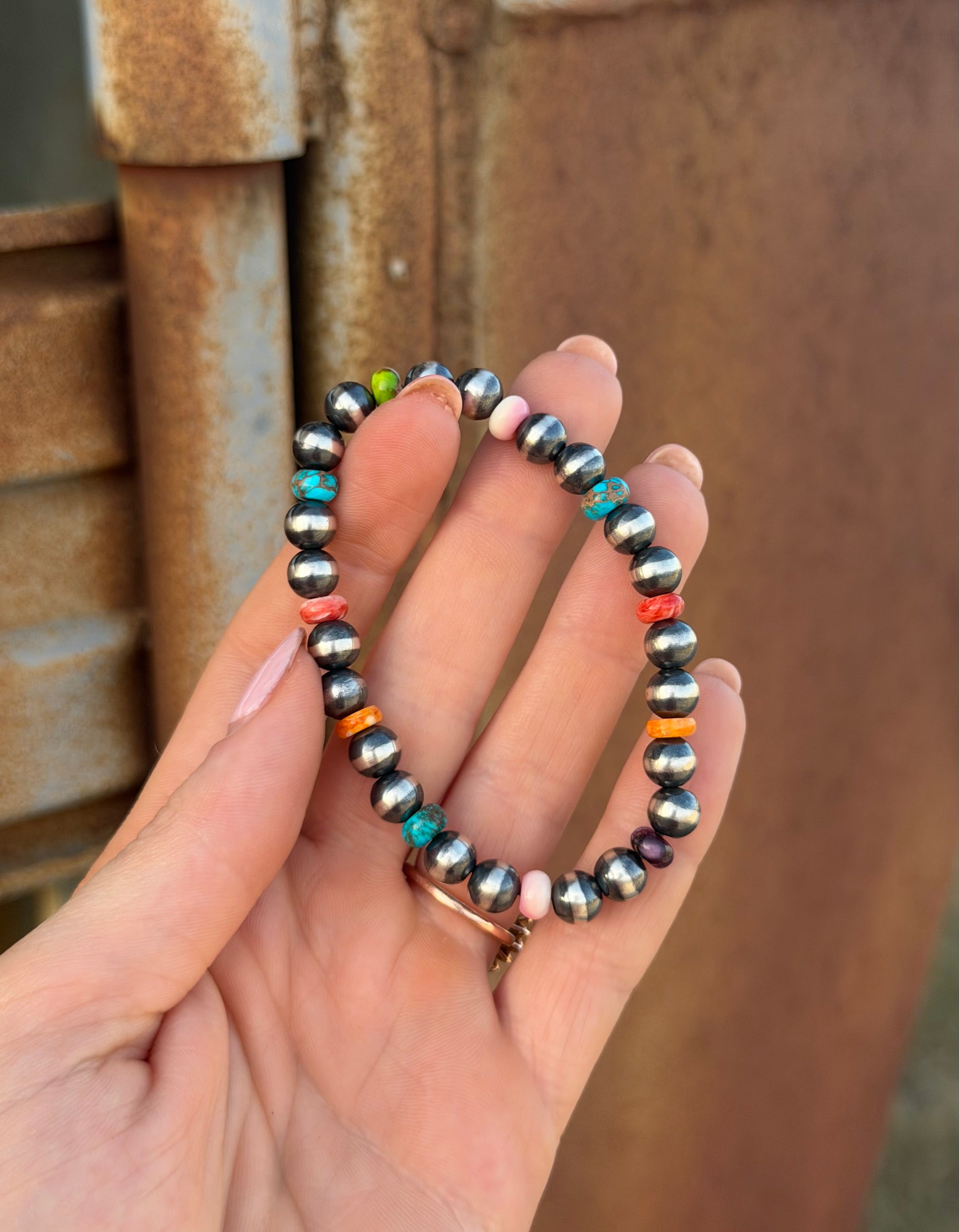 Silver Pearls & Multi Colour Stretch Bracelet