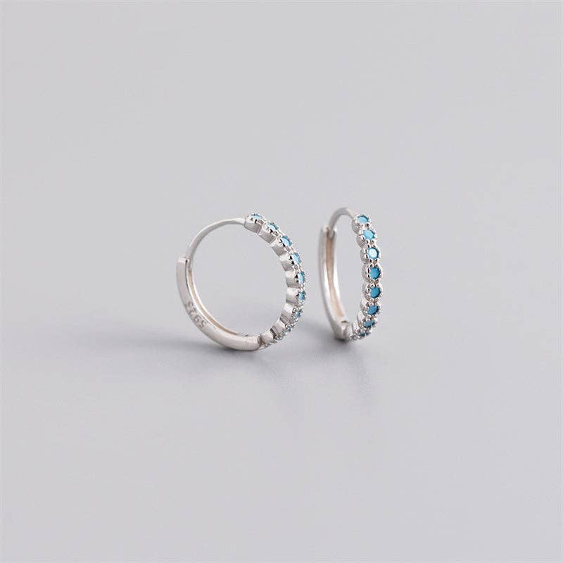 Blue Cubic Zirconia Hoop Earrings: Silver