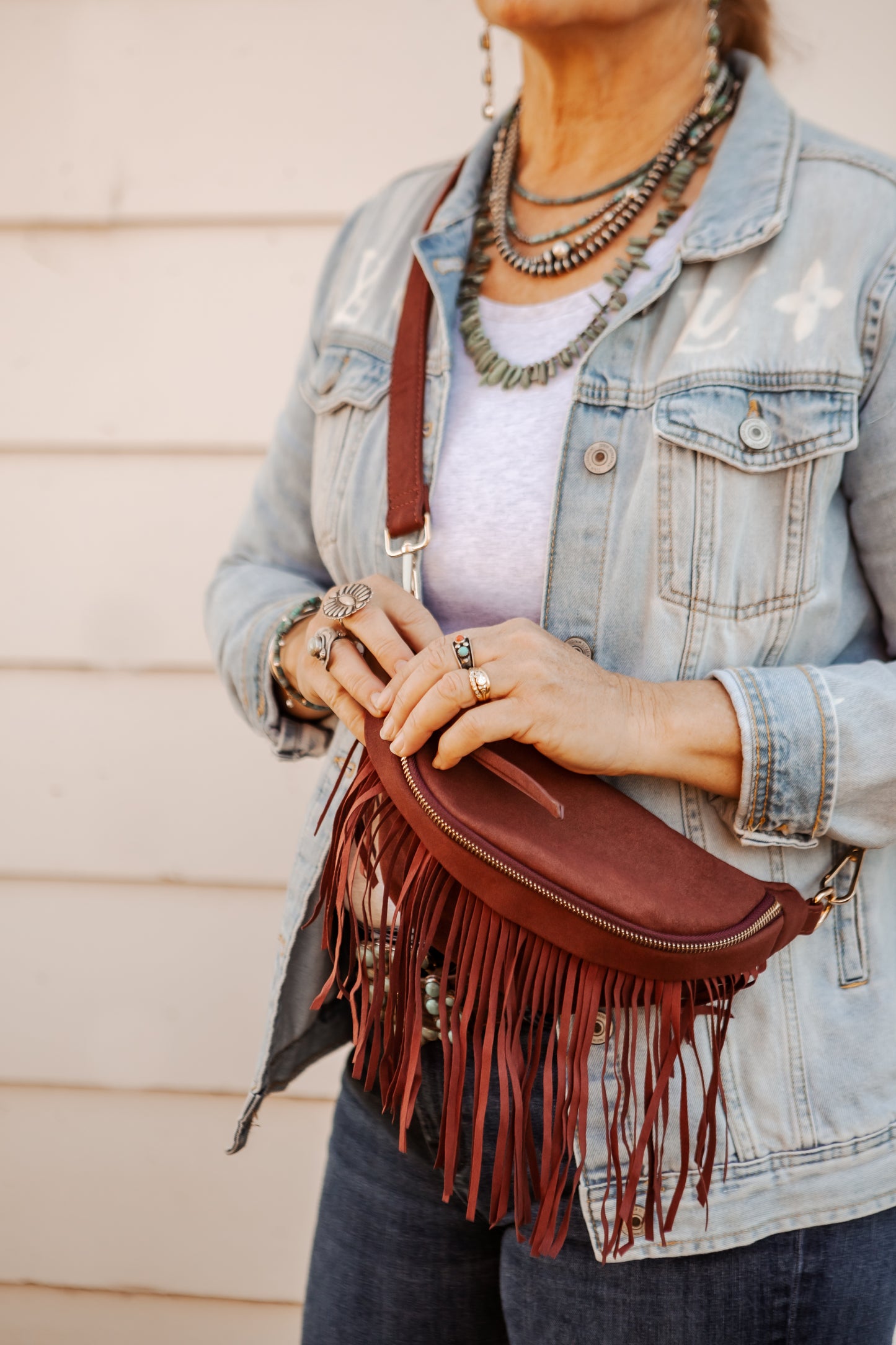 Zoe Removable Fringe Suede Sling Bag Maroon