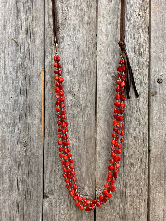 Coral Necklace - Coral w/Turq Seeds & Lthr Back