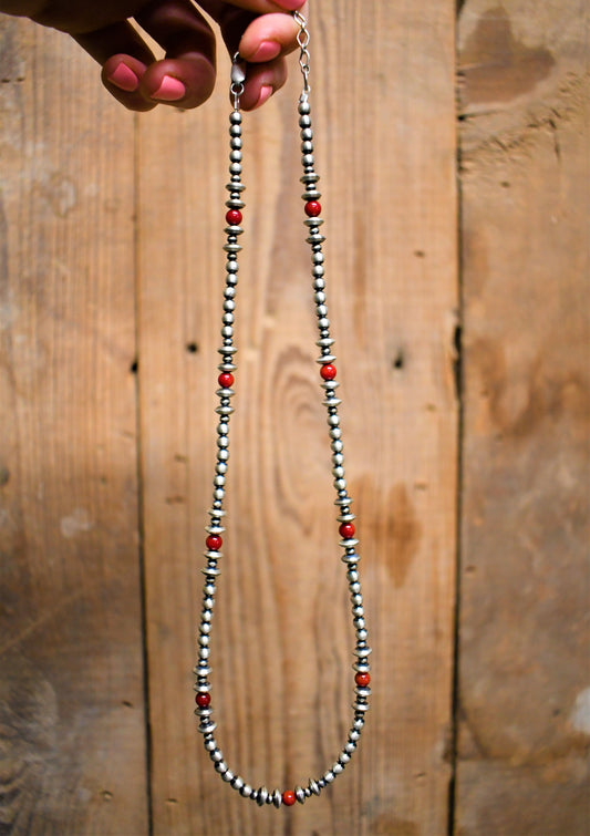 Silver Pearl Necklace with Red Beads