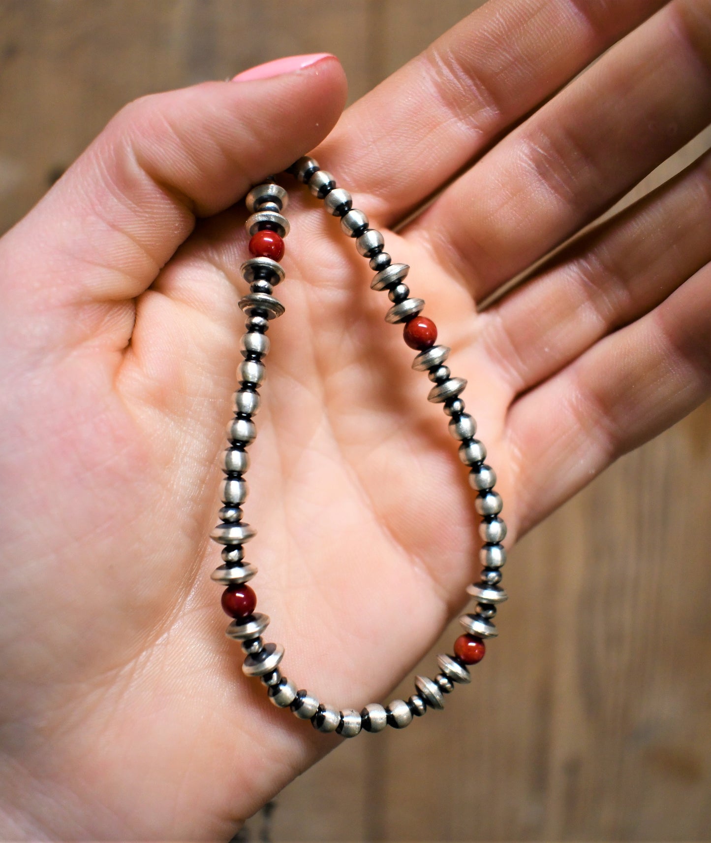 Silver Pearl Necklace with Red Beads